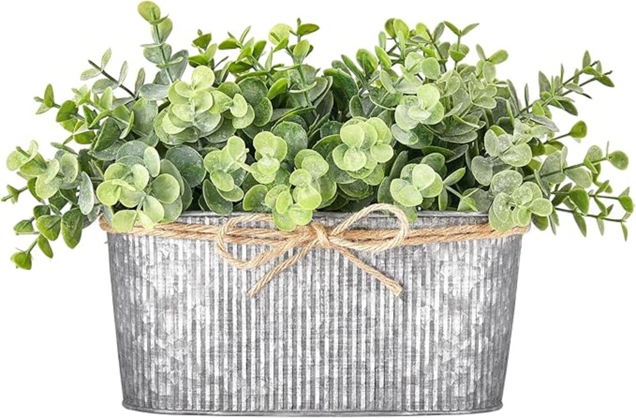 Artificial Eucalyptus Faux Plants Indoor for Farmhouse Home Decor Fake Potted Plants in Rustic Rectangular Pots Table Centerpiece for Office Bath Living Room Greenery Decor, 7" L x 4" H